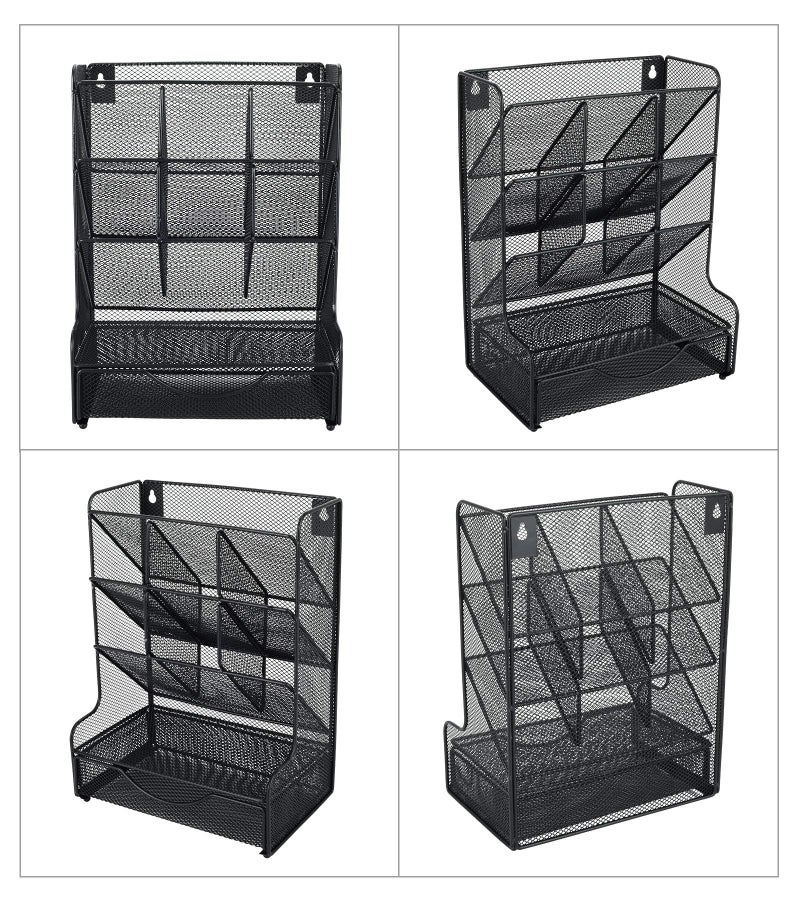 PAG Desk Organizer with Drawer Office Supplies and Accessories Storage Caddy Hanging Wall Shelf Metal Mesh Pencil Holder for Kids, 9 Compartments, Black - Image 3